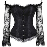 Corset Overbust Lace Up Tops for Women with Long Lace Sleeves