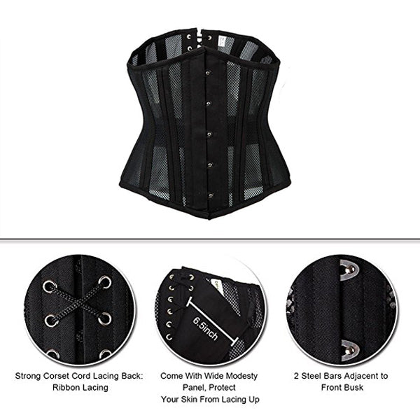 Double Steel Boned Breathable 26 Waist Training Mesh Underbust Black Corset