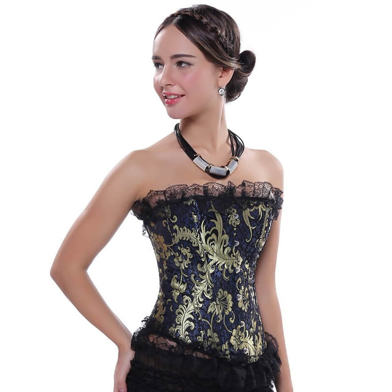 Lace Overlay Vintage Gold Print Brocade Fullbust Corset