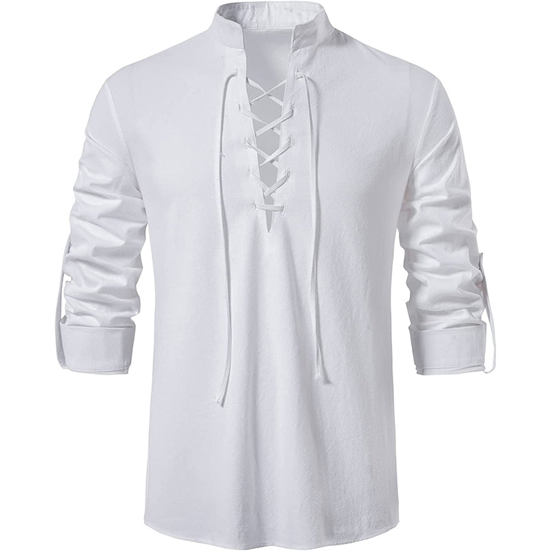 Men's 100% Cotton Retro Style Lace up Long Sleeve Shirts for Medieval Viking Hippie
