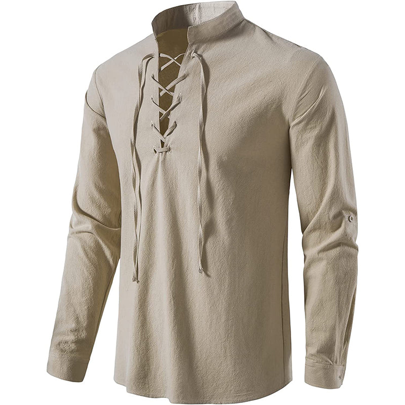 Men's 100% Cotton Retro Style Lace up Long Sleeve Shirts for Medieval Viking Hippie