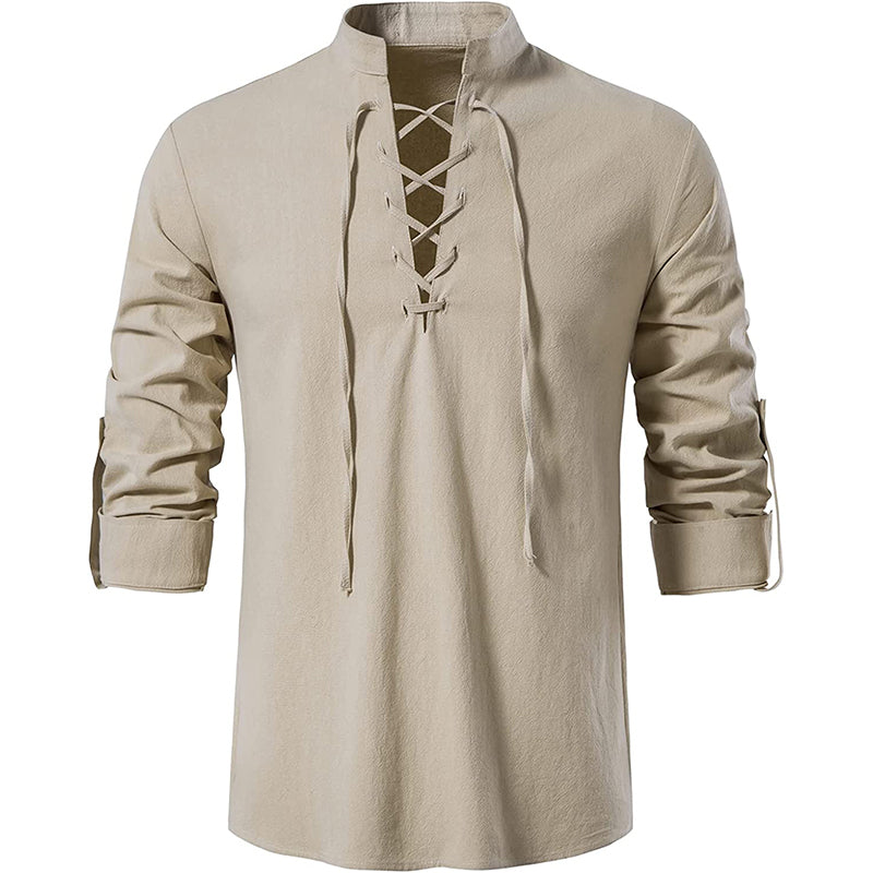 Men's 100% Cotton Retro Style Lace up Long Sleeve Shirts for Medieval Viking Hippie