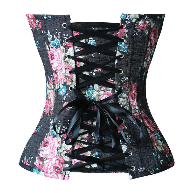 Retro Elegant Floral Print Denim Overbust Sweetheart Corset