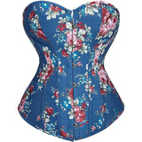 Retro Elegant Floral Print Denim Overbust Sweetheart Corset