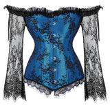 Corset Overbust Lace Up Tops for Women with Long Lace Sleeves