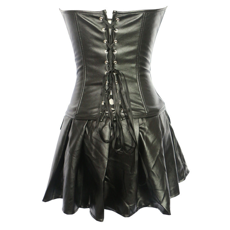Sexy Hollow Zipper Front Faux Leather Overbust Corset with Dress