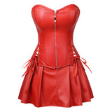 Sexy Hollow Zipper Front Faux Leather Overbust Corset with Dress