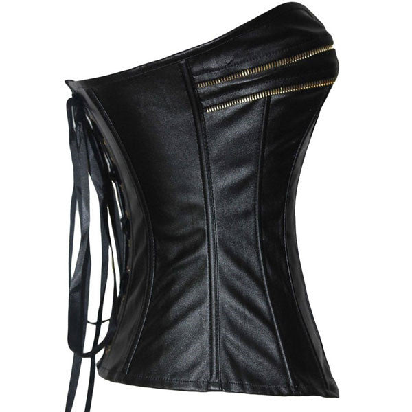 Sexy Faux Leather Zipper Front Gothic Black Corset