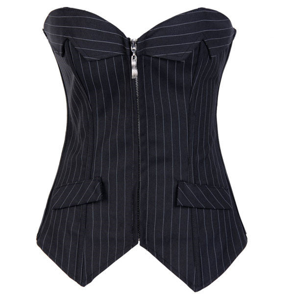 Sexy Pinstripe Denim OL Style Stripe Overbust Corset