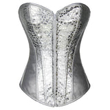 Shiny Sequins Leather Front Zipper Silver Light Corset