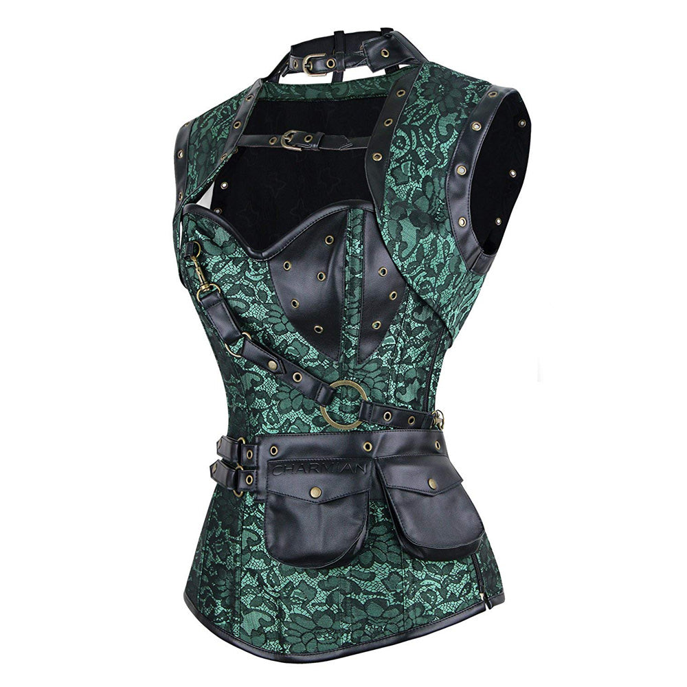 Steampunk Brocade Jacket Corset With Belt Pockets