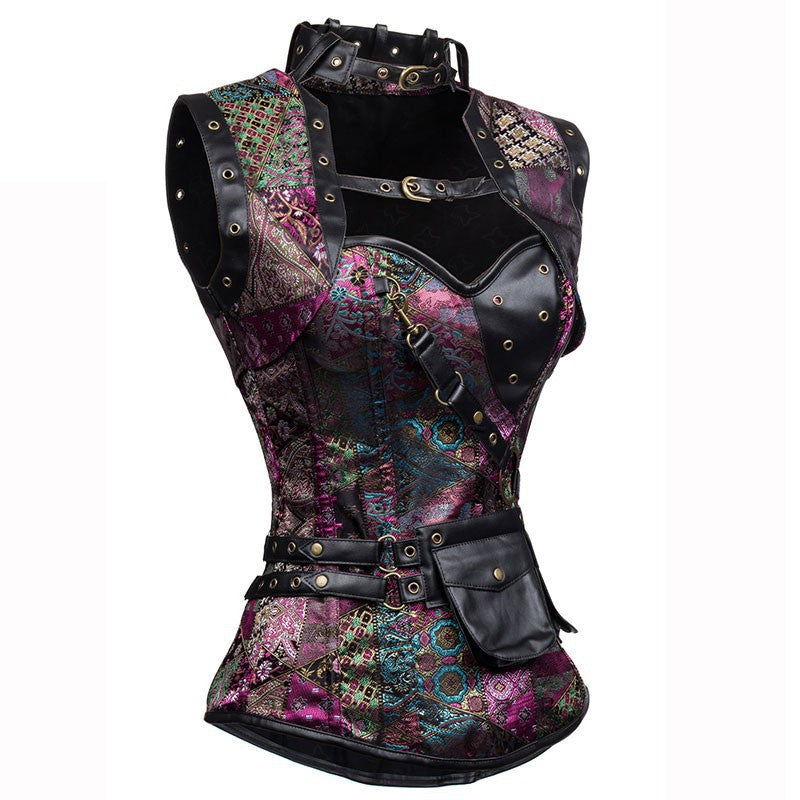 Steampunk Brocade Jacket Corset With Belt Pockets