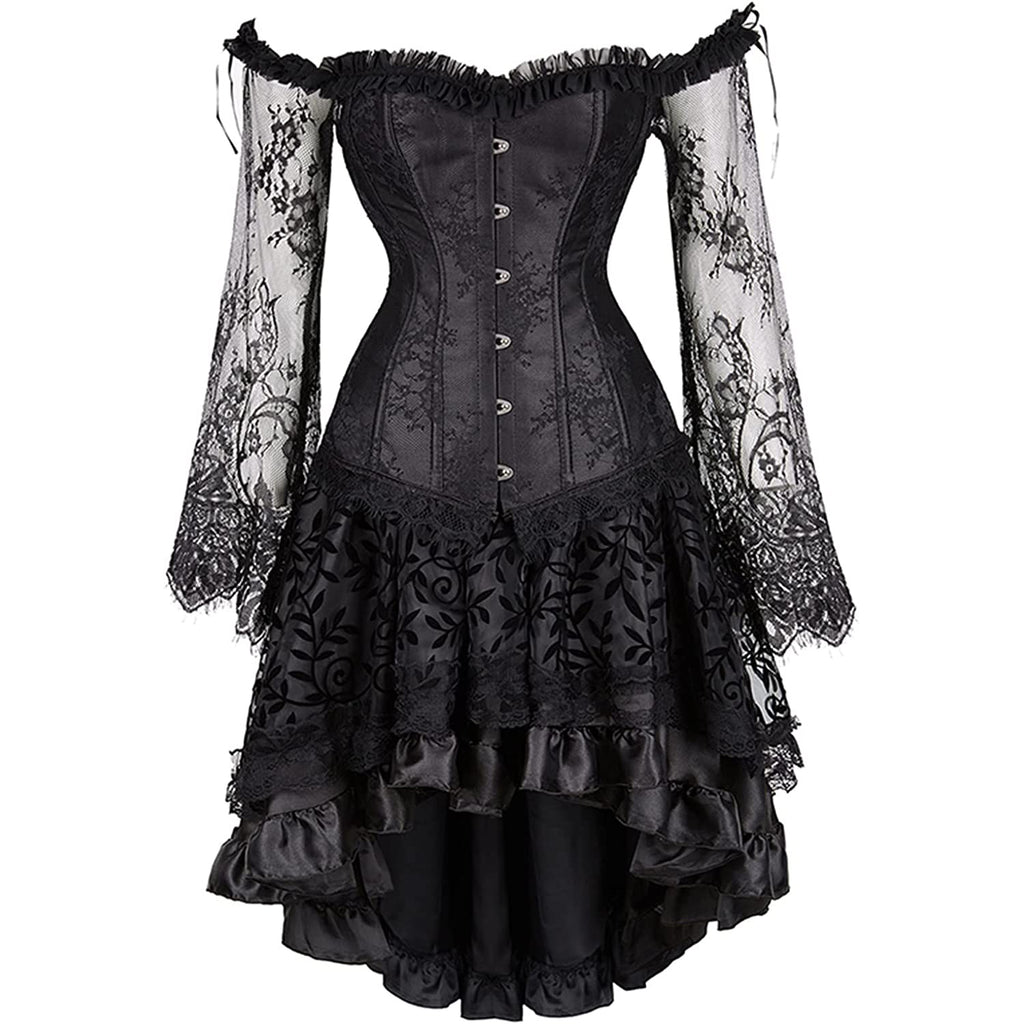Steampunk Costumes Corset Dress Long Sleeve Lace with Skirt Set – Hiipps Steampunk Costumes Corset Dress Long Sleeve Lace with Skirt Set – Hiipps