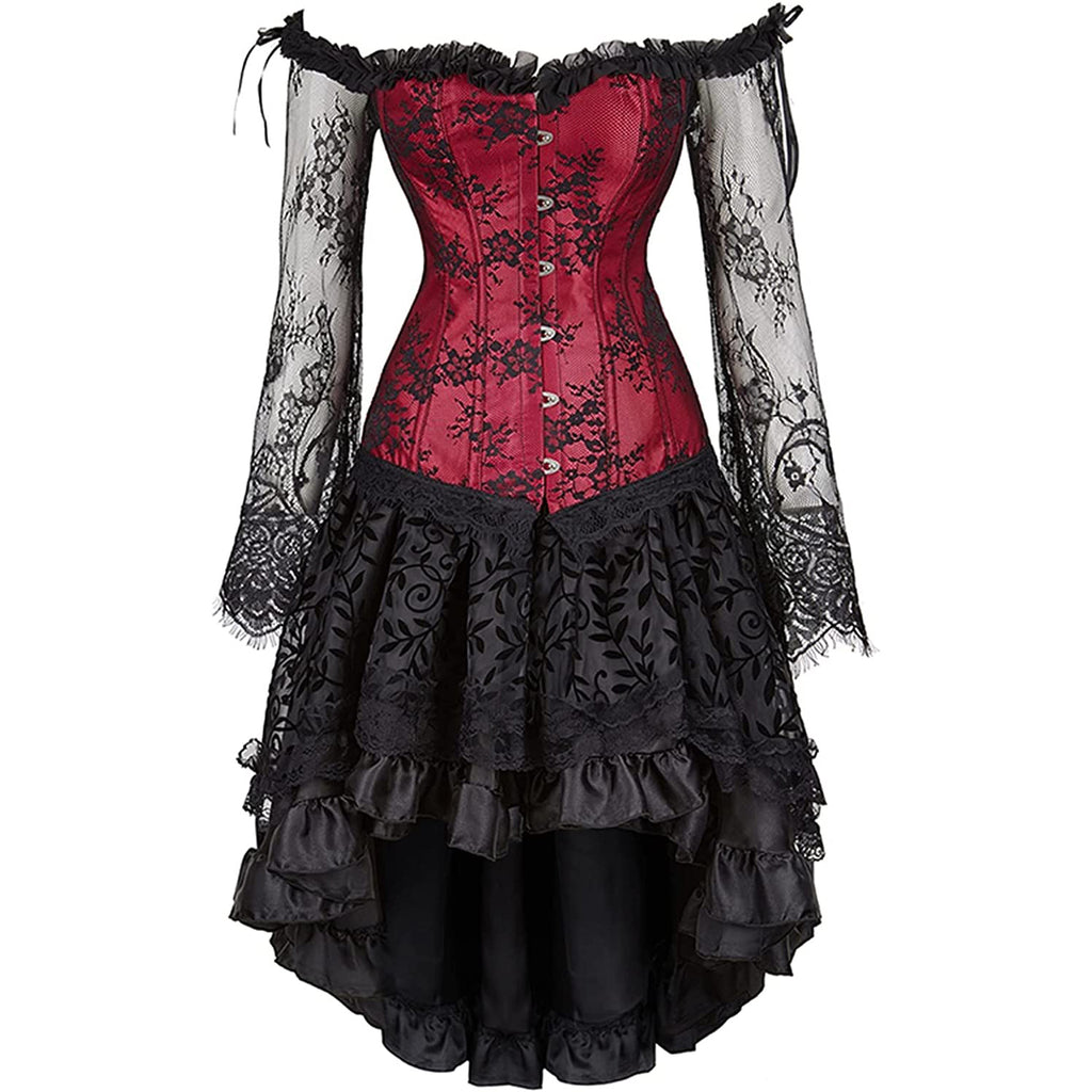 Steampunk Costumes Corset Dress Long Sleeve Lace with Skirt Set