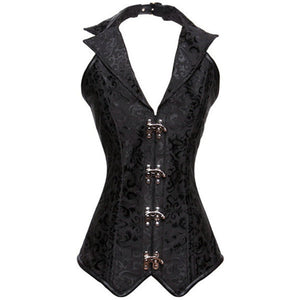 Steampunk Victorian Brocade Halter Collared Vest Overbust Corset