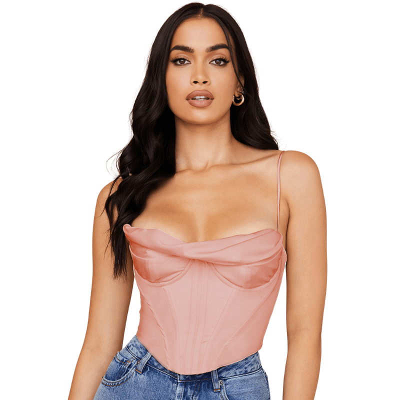 Women's Satin Boned Zip Back Spaghetti Straps Bustier Corset Crop Top