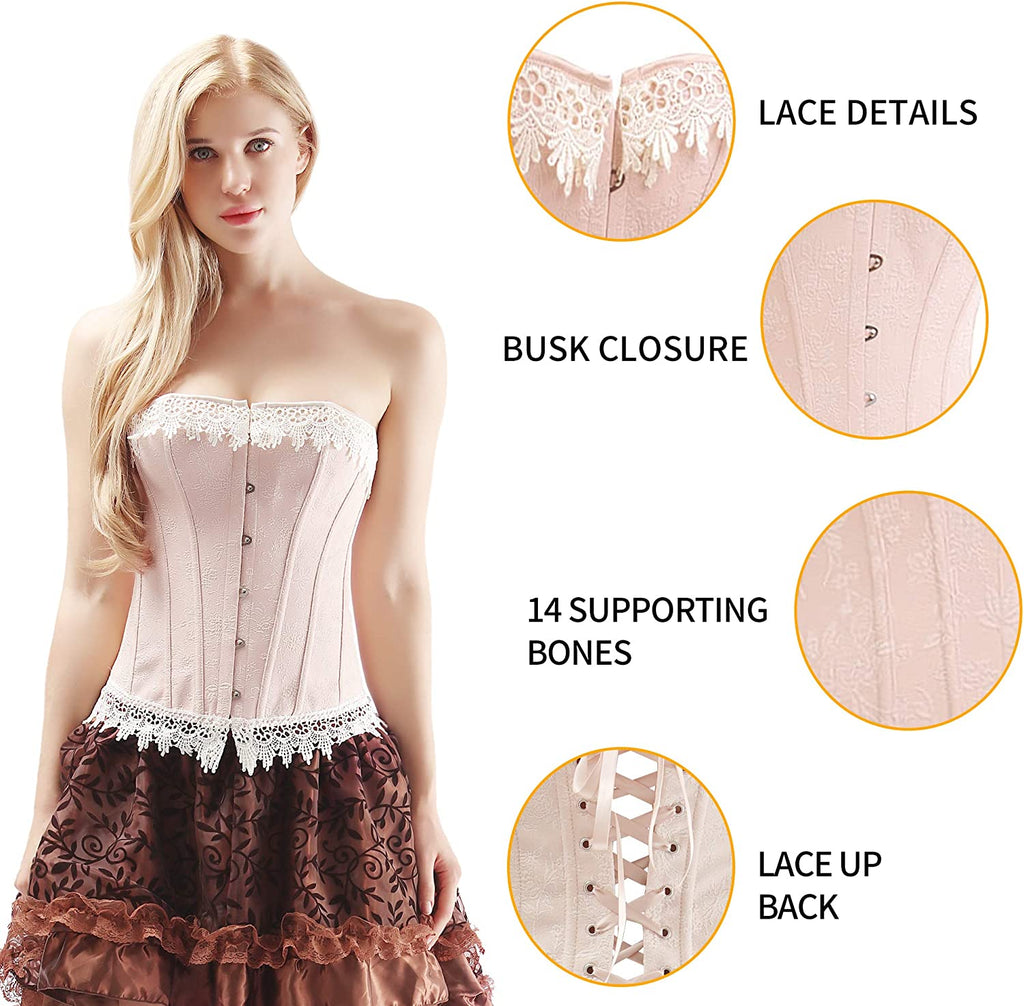 Floral Lace Trim Pink Overbust Satin Brocade Corset
