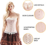 Floral Lace Trim Pink Overbust Satin Brocade Corset