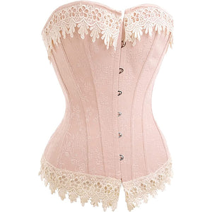 Floral Lace Trim Pink Overbust Satin Brocade Corset