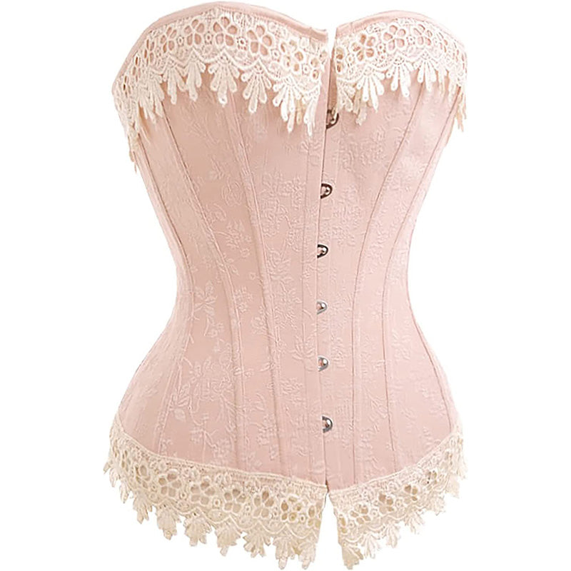 Floral Lace Trim Pink Overbust Satin Brocade Corset