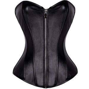 Zipper Front Faux Leather Overbust Corset Bustier Tops